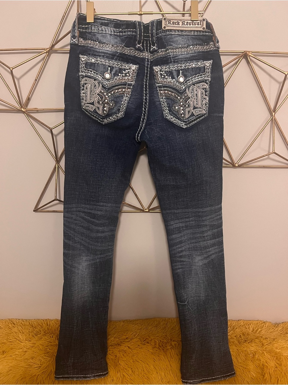 Rock Revival Women's Dark “Wanda” Straight Leg Jeans with Embroidered Pockets